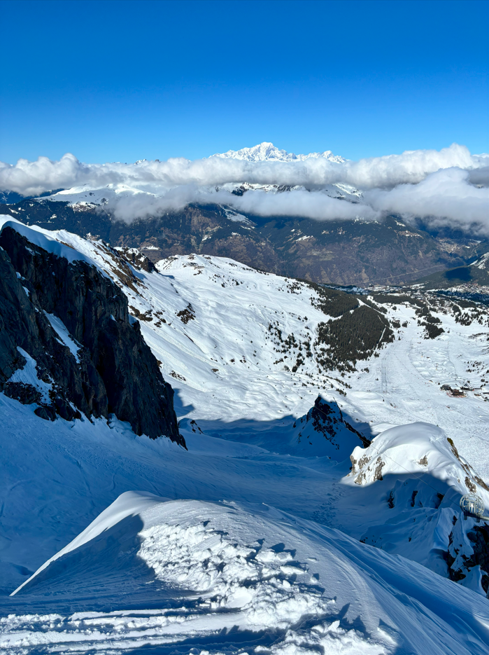 Top of Col Sud, looking down into the line. Note the steep slide slip entry point bottom left.