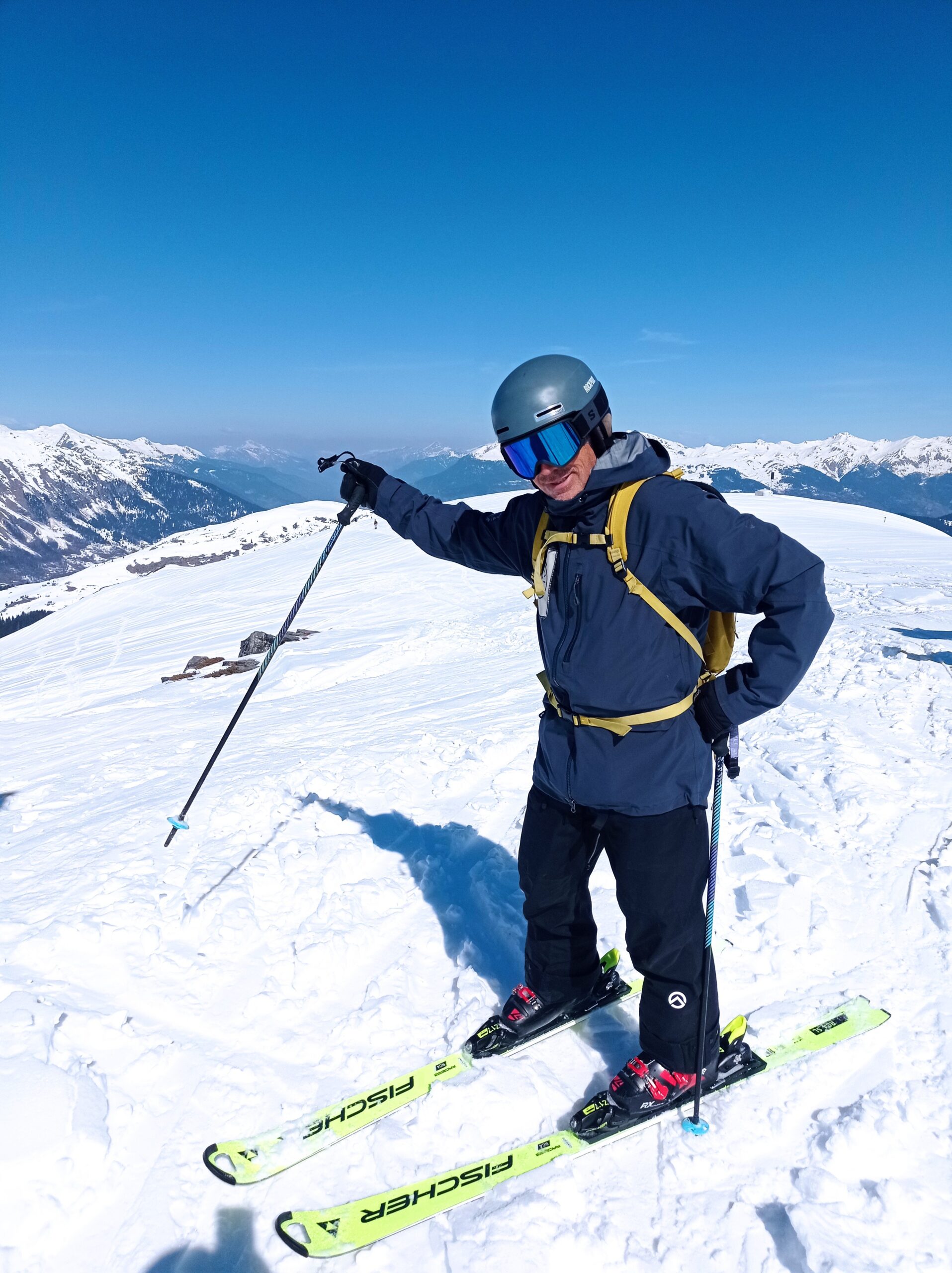 Goodshitskier uses the teapot method to indicate the direction of the traverse from the top of the Olympic Chairlift.