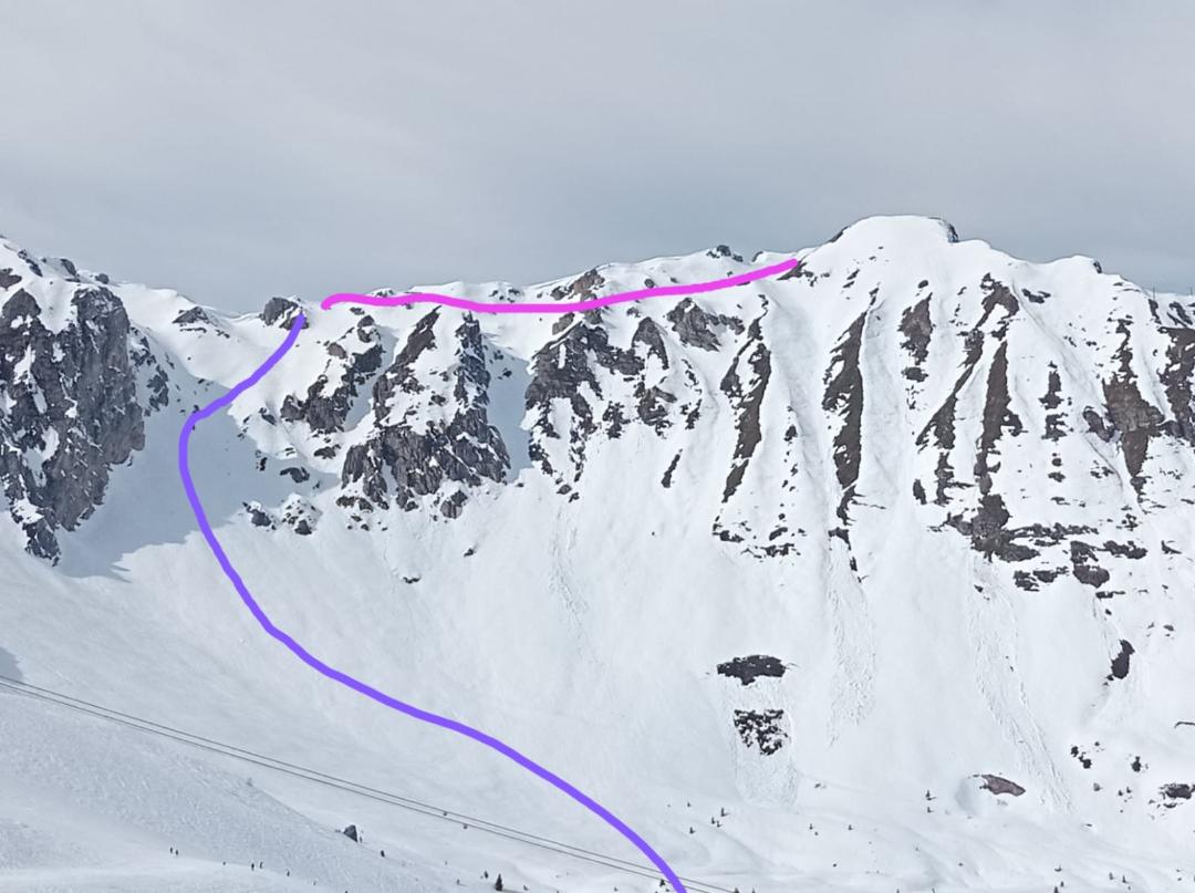 East face of the Rocher De La Loze showing the approach and line of decent.