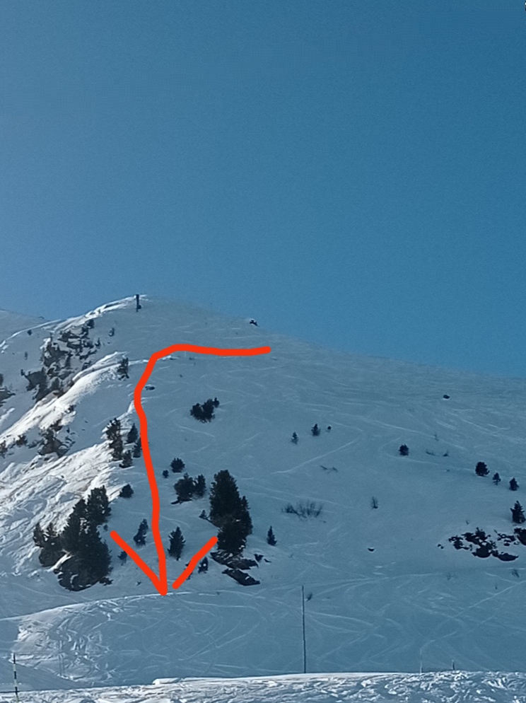 Route to treelined bowl keeping the cliff warning signs on skier's right - as seen from Tougnete 2 chairlift. 