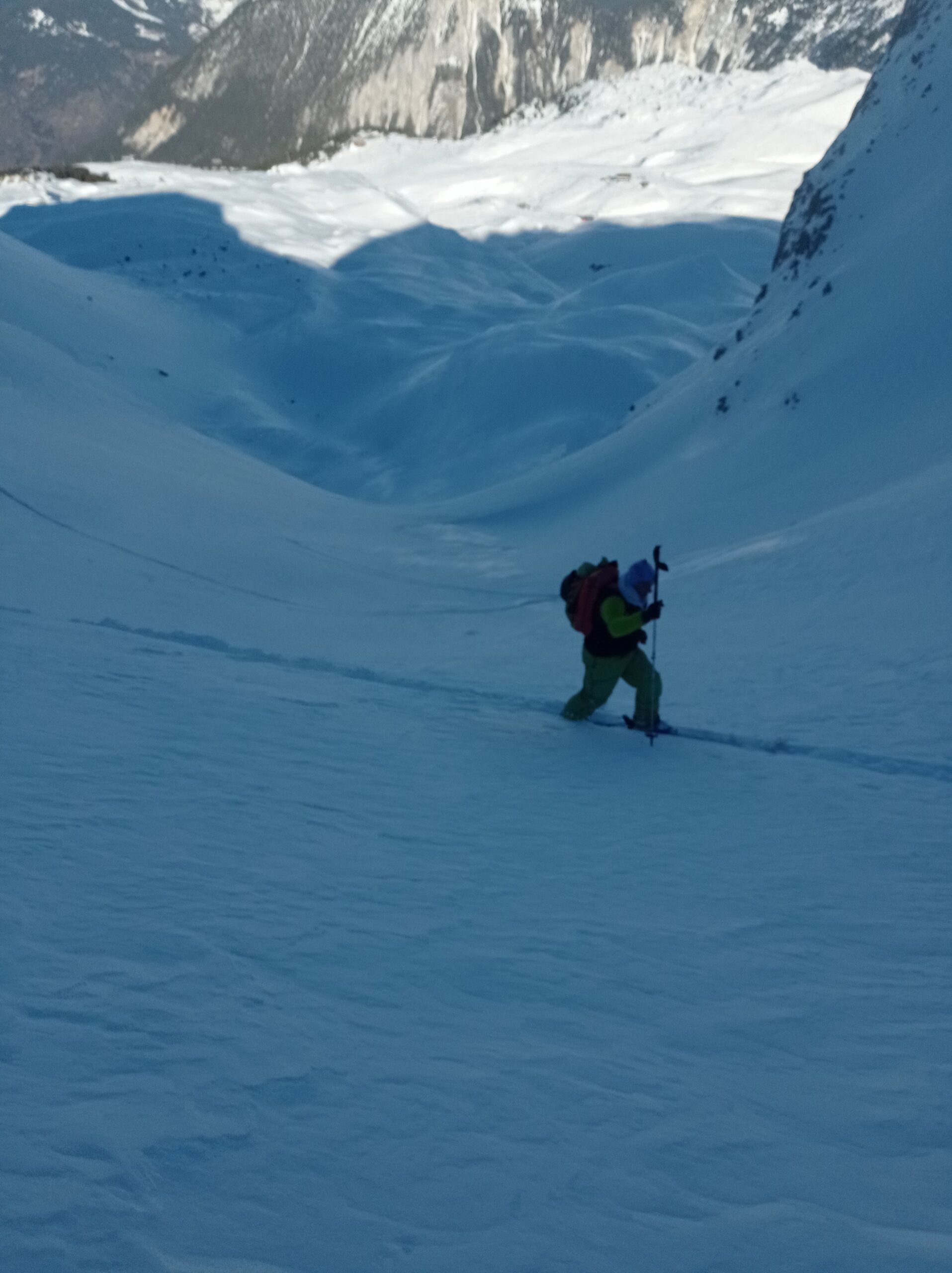 Skinning up the perpetually shaded Valley des Chamois.