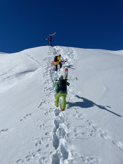 Short boot pack after the traverse, over the knoll is the drop in