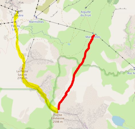 Route to the drop from the Sommet de la Saulire highlighted in yellow. Descent from the Pointe Emilienne to the bottom of the Chanrossa and Marmotte chairlifts marked in red.