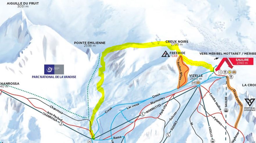 Route highlighted on piste map. Start point is the Sommet de la Saulire. Finish point is bottom of the Marmottes and Chanrossa chairlifts.