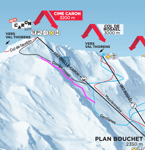 Line (pink squiggle) on piste map