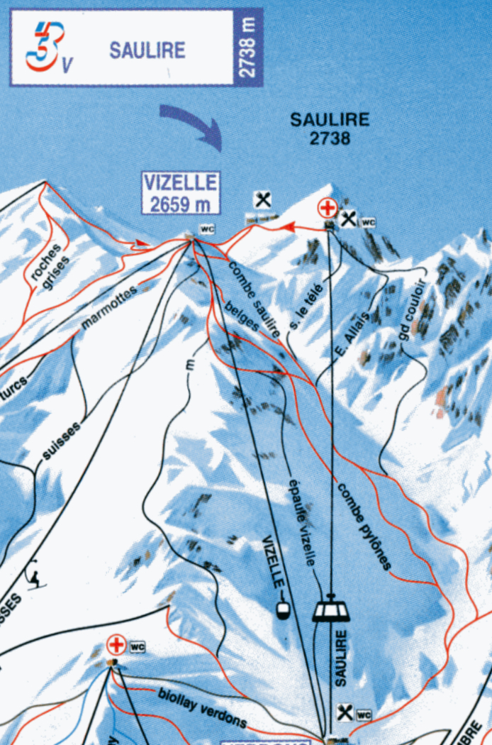 A marked run in 1997, this old piste map will help you scope the couloir from the Saulire Téléphérique