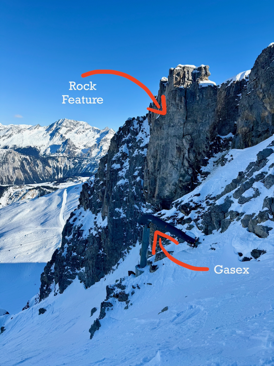 Émile Allais Drop-In (///arrives.parapet.midway).
Look out for the distinctive rock feature and the Gasex looking to the right from the entry point