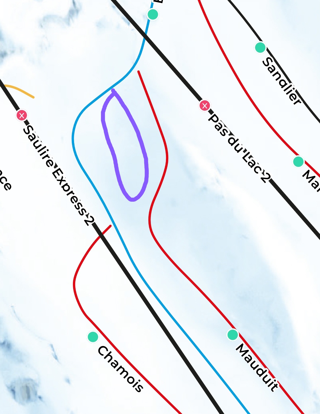 The purple lozenge marks the rough location of Ani's Moguls on the Meribel piste map.