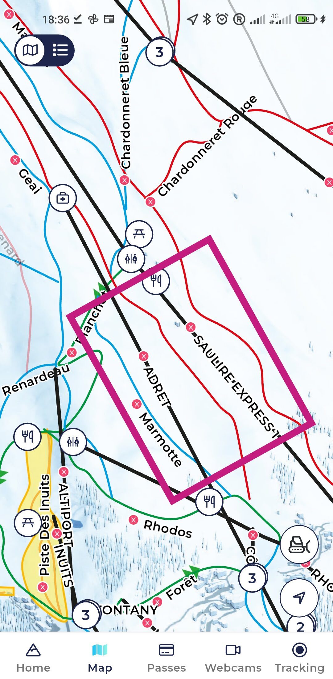 The Meribel Meadows are bounded by the Marmotte (blue) and Mauduit (red) pistes. The Folie Douce sits at the top of the meadows and the Rhodos mid-station at the bottom. They are bisected by the Chamois (red) piste. 
